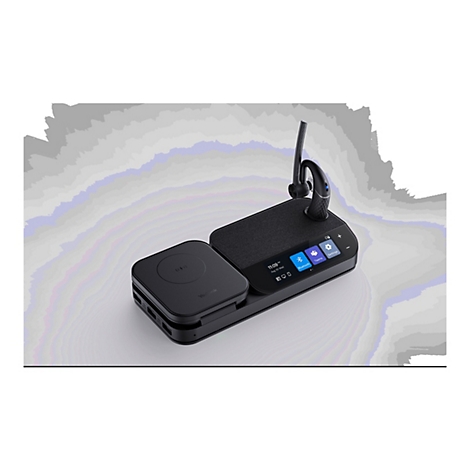 Schwarzes Headset und Basisstation mit kabelloser Ladefunktion und Bildschirm. Auf dem Bildschirm werden Icons und Uhrzeit angezeigt.