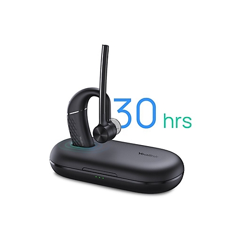 Schwarzes Bluetooth-Headset mit Ladeschale, daneben die Aufschrift "30 hrs".