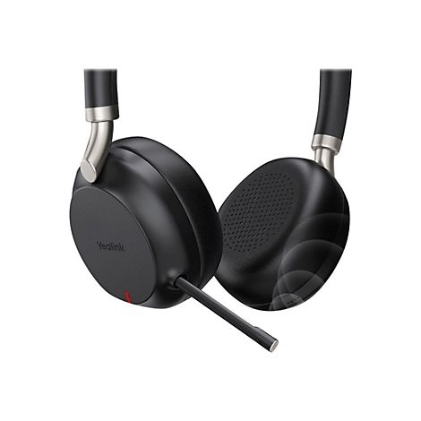 Schwarzes Headset mit BÃ¼gel, Mikrofon, Metallakzenten. Logo 'Yealink'.