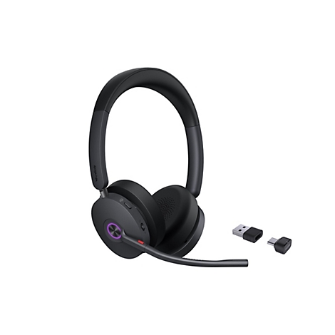 Schwarzes kabelloses Yealink Headset mit Mikrofonarm, leuchtendem Ring und zwei USB-Adaptern vor weißem Hintergrund.