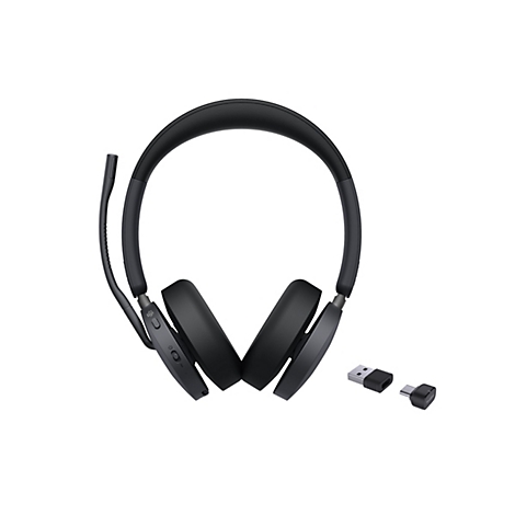 Schwarzes kabelloses Headset mit Mikrofonarm und zwei USB-Adaptern vor weißem Hintergrund.