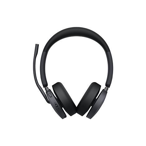 Schwarze Over-Ear-Kopfhörer mit ausklappbarem Mikrofonarm auf weißem Hintergrund.