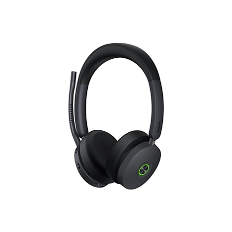 Schwarzes Yealink Headset mit Mikrofonarm vor weißem Hintergrund.