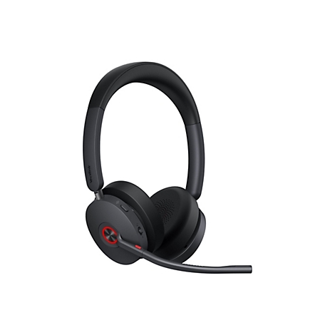 Schwarzes Headset mit Mikrofon auf weißem Hintergrund. Runde Ohrmuscheln, verstellbarer Bügel, Bedienelemente und roter Akzent.