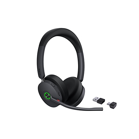 Schwarzes drahtloses Headset mit Mikrofon und USB-Adaptern. Auf der Ohrmuschel befindet sich ein grüner Lichtring.