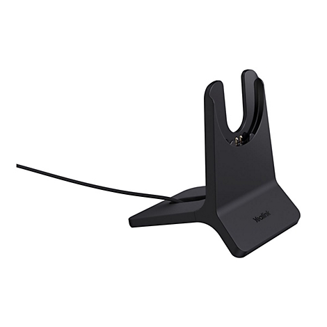 Schwarze Yealink-Ladestation für Telefone. Ein Kabel verbindet die Basis.