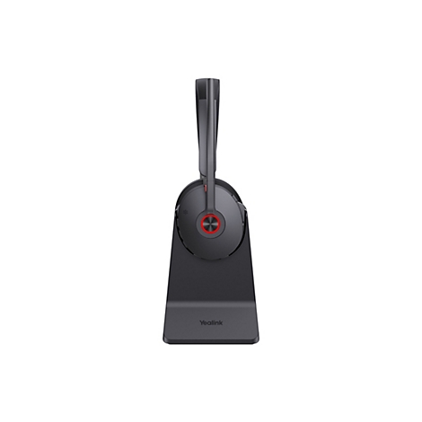 Draufsicht auf ein schnurloses Headset mit Ladestation, graues Plastik, roter Knopf.