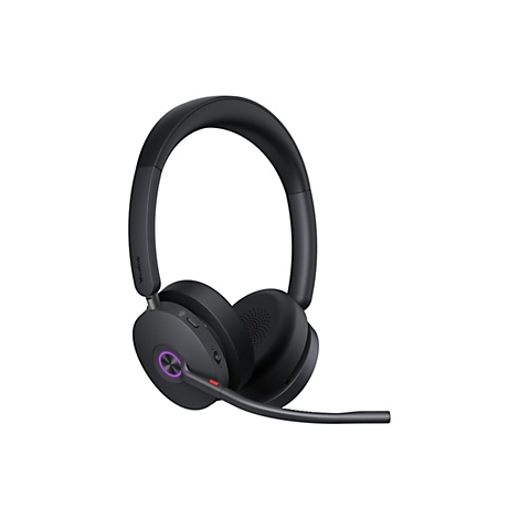 Drahtloses, schwarzes Headset mit Mikrofon, einem Bügel, zwei Ohrmuscheln und Bedienknöpfen; freigestellt auf weißem Hintergrund.