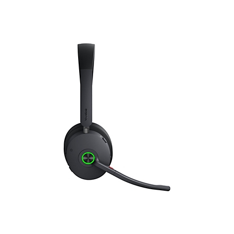 Drahtloses Headset in Grau. Mit Mikrofon, gr
em Knopf und dem Schriftzug Yealink.