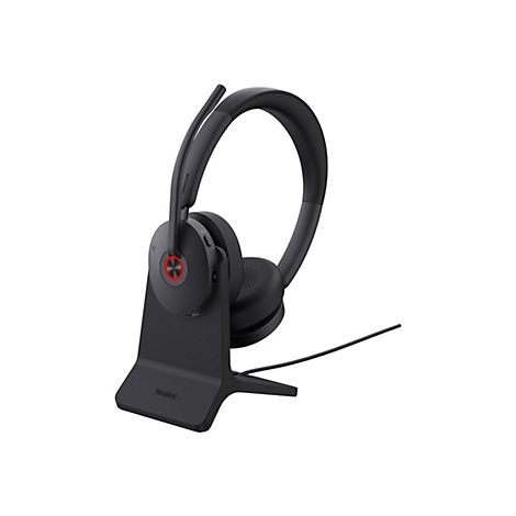 Schwarzes Yealink Headset auf einer Ladestation, mit rotem LED-Ring am Gehäuse.