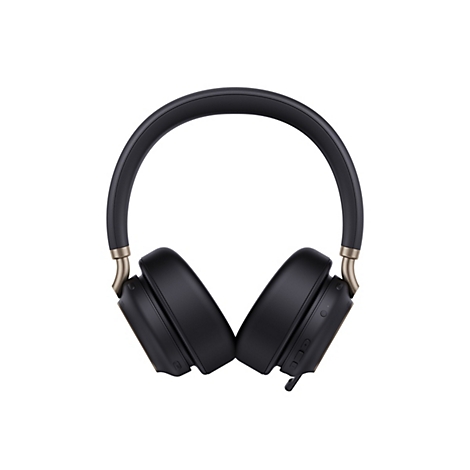 Schwarze kabellose Over-Ear-Kopfhörer mit goldenen Akzenten vor weißem Hintergrund.