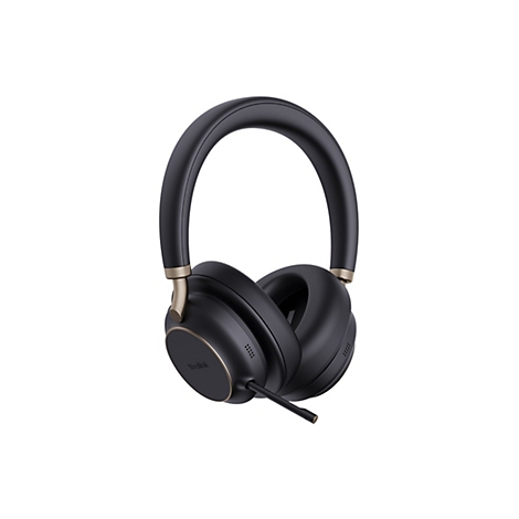 Schwarzes Yealink Headset mit goldfarbenen Akzenten und Mikrofonarm vor weißem Hintergrund.