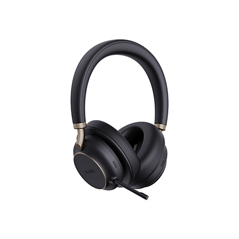 Schwarzer Kopfhörer mit goldenen Akzenten. Ein Bügel verbindet die Ohrmuscheln. An einer Ohrmuschel befindet sich ein Mikrofon.