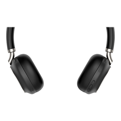 Vue détaillée d'un casque noir. Rembourrage, bandeau et touches d'argent.