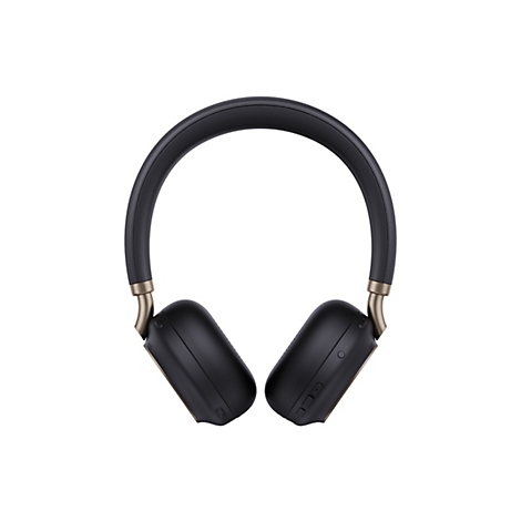 Casque noir avec des touches dorées. L'arceau est noir, les oreillettes sont également noires. Le fond est blanc.