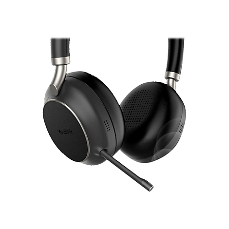 Casque supra-auriculaire noir avec microphone, accents argentés, logo Yealink. Vue détaillée.