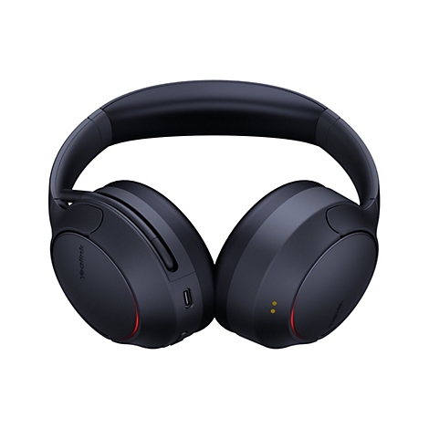 Schwarze kabellose Yealink-Over-Ear-Kopfhörer mit USB-C-Anschluss vor weißem Hintergrund.