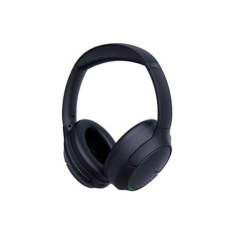 Schwarze kabellose Over-Ear-Kopfhörer mit grünem LED-Licht am Gehäuse vor weißem Hintergrund.