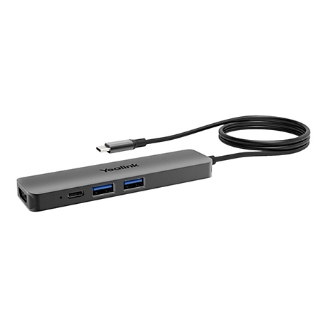 Grauer USB-C-Hub mit mehreren AnschlÃ¼ssen, schwarzem Kabel und dem Logo 'Yealink'.