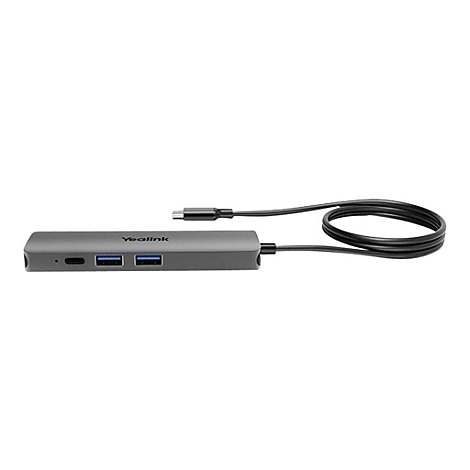 Grauer USB-C-Hub mit zwei USB-AnschlÃ¼ssen, schwarzem Kabel und Typ-C-Stecker. Das Produkt liegt vor weiÃŸem Hintergrund.
