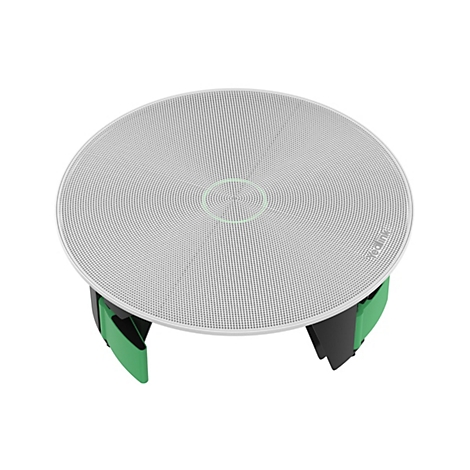 Draufsicht auf einen Deckenlautsprecher mit weißer perforierter Oberfläche und grün-schwarzen Stützen. In der Mitte ist ein grüner Lichtring sichtbar. Schriftzug "Yealink".