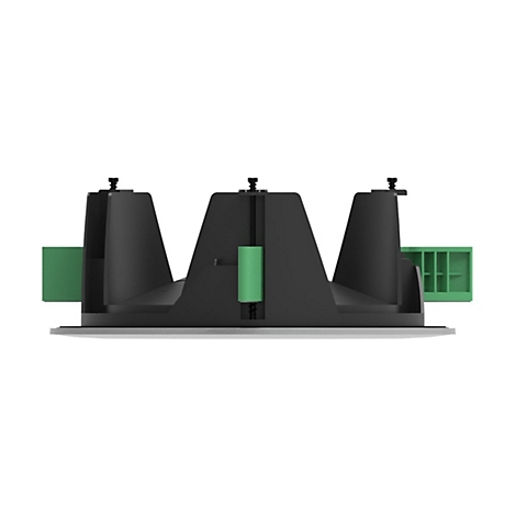 Einbau-Deckenlautsprecher in Seitenansicht mit schwarzem Gehäuse, grünen Befestigungselementen und flacher Blende.