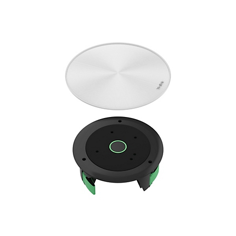 Draufsicht auf einen Deckenlautsprecher mit einem weißen, gelochten Lautsprechergitter und einem schwarzen Gehäuse.