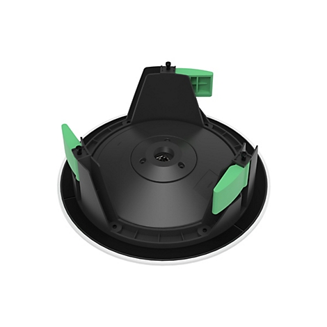 Draufsicht auf ein schwarzes Lautsprechergehäuse mit grünen Halterungen. Der Rand ist weiß. Die Befestigungen sind mit Schrauben gesichert.