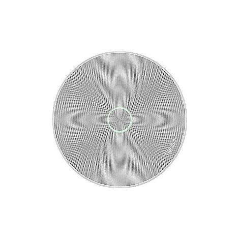Runder, weißer Lautsprecher mit grünlichem Kreis in der Mitte und feinem Gittermuster.