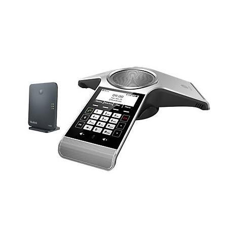 Konferenztelefon mit Touchscreen-Display und Basisstation vor weißem Hintergrund.