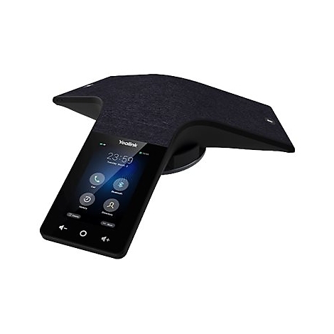 Schwarzes Yealink Konferenztelefon mit Touchscreen und stoffbespannten Armen vor weißem Hintergrund.