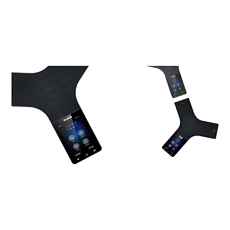 Zwei schwarze sternförmige Yealink Konferenztelefone mit Touchscreen-Display vor weißem Hintergrund.