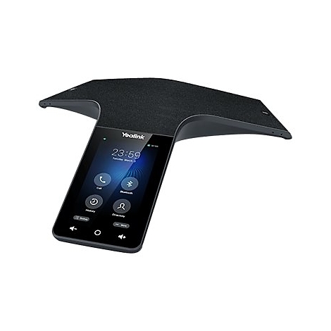 Schwarzes Yealink Konferenztelefon mit Touchscreen und T-förmigem Design auf weißem Hintergrund.