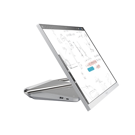 Ein graues, neigbares Tablet mit Notizen und Diagrammen auf dem Bildschirm. Es steht auf einem ebenfalls grauen Unterbau.