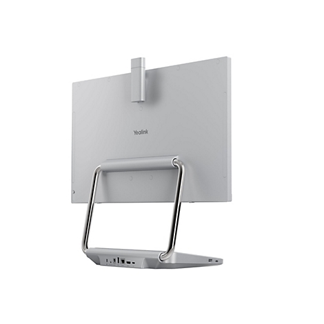 Ein grauer Bildschirm mit einem silberfarbenen Standfuß. Unten sind Anschlüsse, oben die Marke Yealink.
