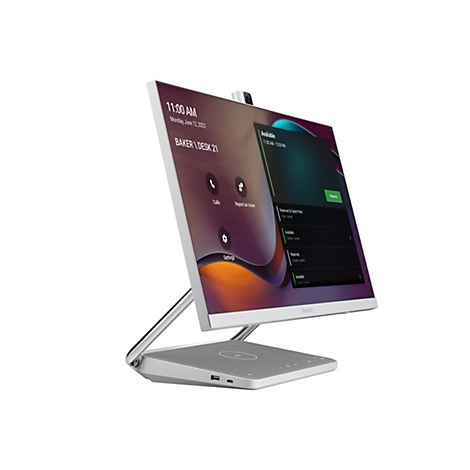 Ein graues Konferenztelefon mit Bildschirm zeigt eine Uhrzeit und einen Reservierungsplan. Oben befindet sich eine Kamera. Das Display zeigt eine Übersicht der verfügbaren Zeiten.