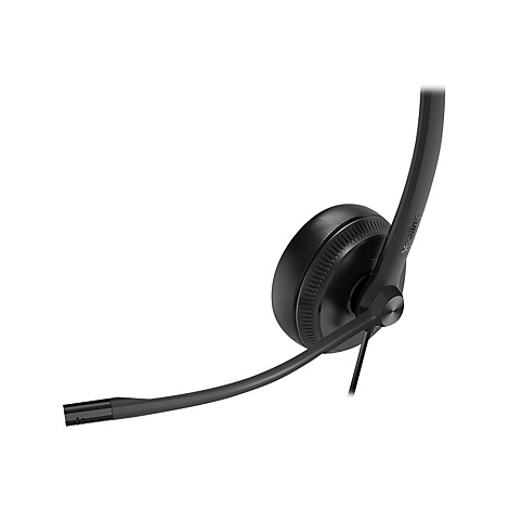 Schwarzes Headset mit Mikrofon auf weißem Hintergrund, Marke Yealink.