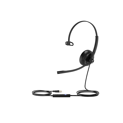 Schwarzes Headset mit Mikrofon und USB-Anschluss. Detailansicht des Headsets auf weißem Hintergrund.