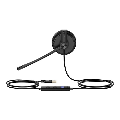 Schwarzes Headset mit Mikrofon und USB-Kabel, freigestellt auf weißem Hintergrund.
