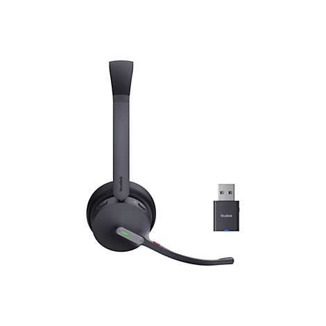 Drahtloses Headset und USB-Dongle. Das Headset ist dunkelgrau, hat einen Bügel und ein Mikrofon. Der Dongle trägt den Namen "Yealink".