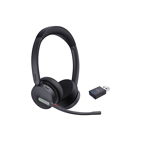 Drahtloses Headset in Anthrazit, inkl. USB-Dongle. Am Headset ist der Name "Yealink" zu sehen.