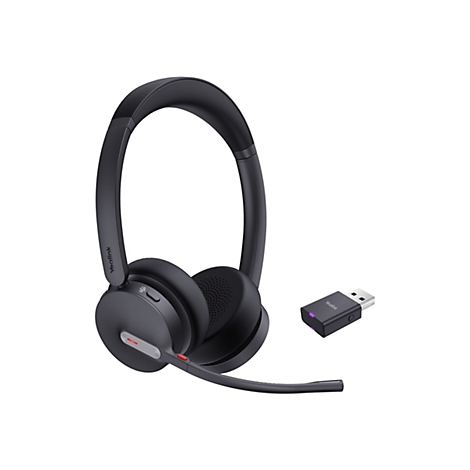 Drahtloses Headset und USB-Dongle auf weißem Hintergrund. Das Headset ist schwarz mit Yealink-Logo und Mikrofon. Der USB-Dongle ist ebenfalls schwarz und hat ein lila Licht.