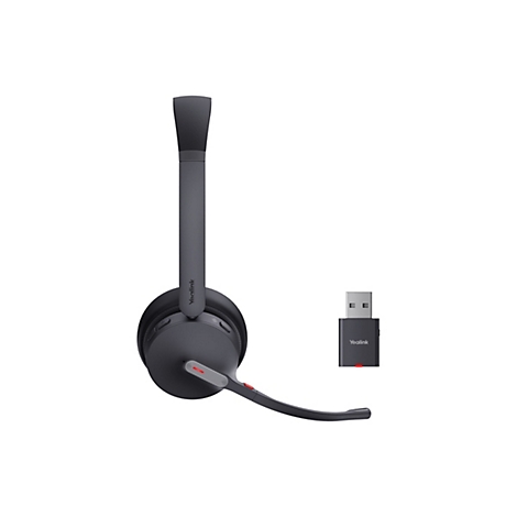 Drahtloses Headset und USB-Dongle auf weißem Hintergrund. Das Headset ist grau mit einem Mikrofonarm. Der Dongle ist ebenfalls grau, mit roter LED und Logo.