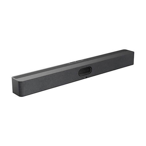 Ein schwarzes Soundbar-Lautsprechersystem, leicht schräg von vorne aufgenommen. In der Mitte befindet sich eine Kamera mit dem Logo 'Yealink'.