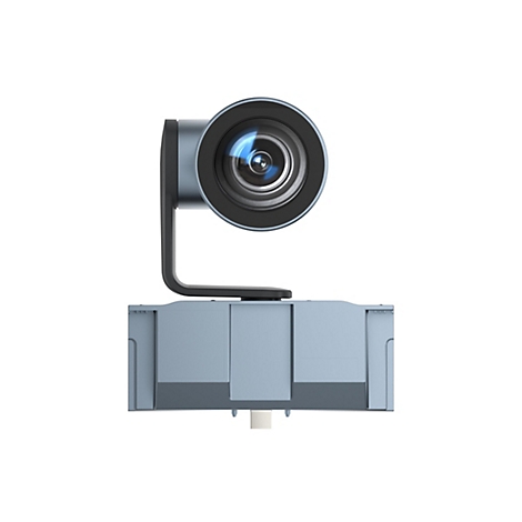 Webcam in Hellblau, mit groÃŸem Objektiv. Unterhalb ein grauer Quader, der Sockel.