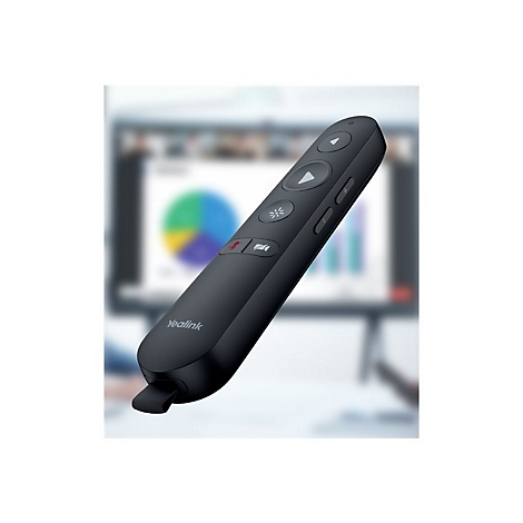 Schwarzer Präsentations-Laserpointer, vor unscharfem Büro-Hintergrund, mit Yealink-Logo.