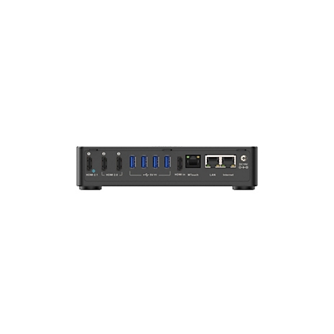 Ein schwarzes, rechteckiges Gerät mit verschiedenen Anschlüssen: HDMI, USB, LAN und Stromanschluss. Die Beschriftung umfasst 'HDMI 2.1', 'HDMI 2.0', '5V', 'HDMI in', 'LAN', 'Internet', und 'DC19V'.
