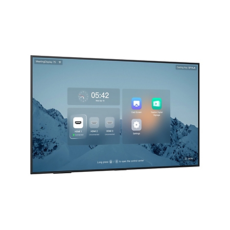 L'écran d'un téléviseur affiche l'interface d'une application de réunion. L'heure, la date et diverses icônes d'applications sont affichées.