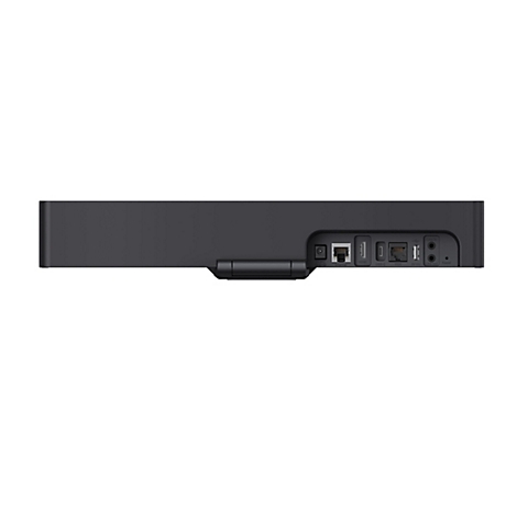 Rückseite einer schwarzen Soundbar mit verschiedenen Anschlüssen, wie HDMI, USB-C und Ethernet. Auf weißem Hintergrund.