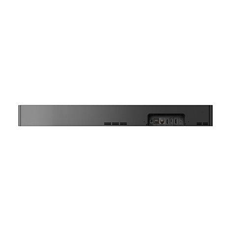 Rückansicht einer Soundbar. Dunkelgraues Gehäuse mit Anschlüssen, darunter HDMI, USB-A und USB-C.